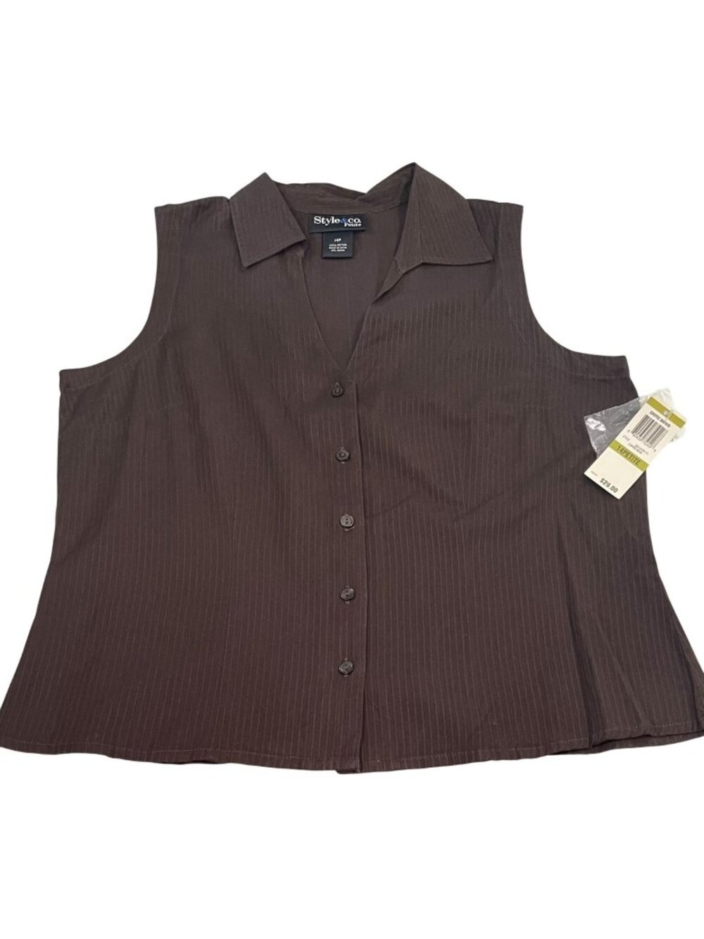 Vintage Y2K Style & Co Cotton Blouse 14P Brown Neutral Sleeveless Safari Career